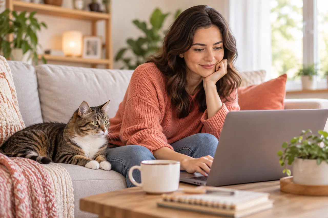 Owner at a laptop beside a cat