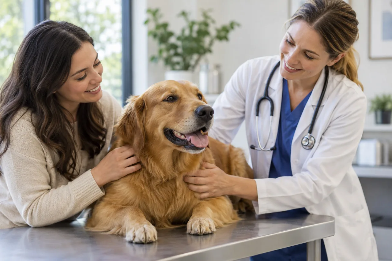 Veterinarian and owner discussing a dog in an illustrative clinic